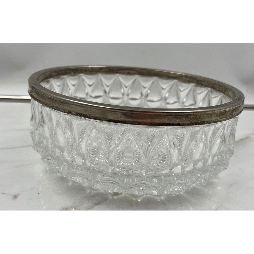 Vintage Cut Glass Serving Bowl Silver Rim Diamond Sunburst Pattern Clear 7.5in